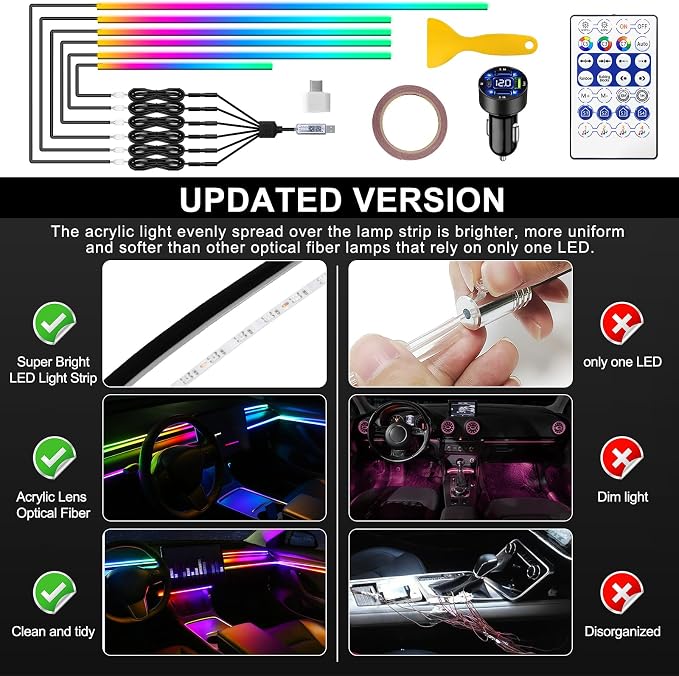 Dreamcolor Acrylic Interior Car LED Strip Light with USB/Type C/4-Port Cigarette Lighter,RGB 6 in 1 with 187 inches 650 LEDs Ambient Lighting Kits, Sound Active Function Neon Led Strips for Car