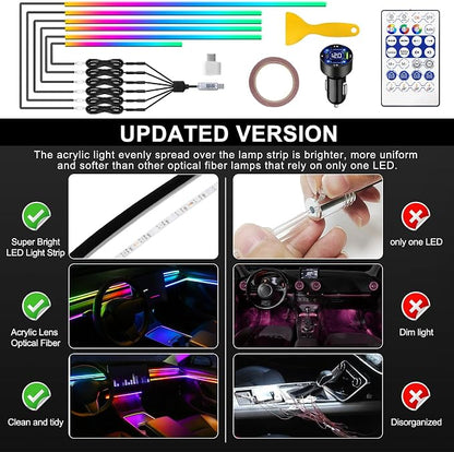 Dreamcolor Acrylic Interior Car LED Strip Light with USB/Type C/4-Port Cigarette Lighter,RGB 6 in 1 with 187 inches 650 LEDs Ambient Lighting Kits, Sound Active Function Neon Led Strips for Car