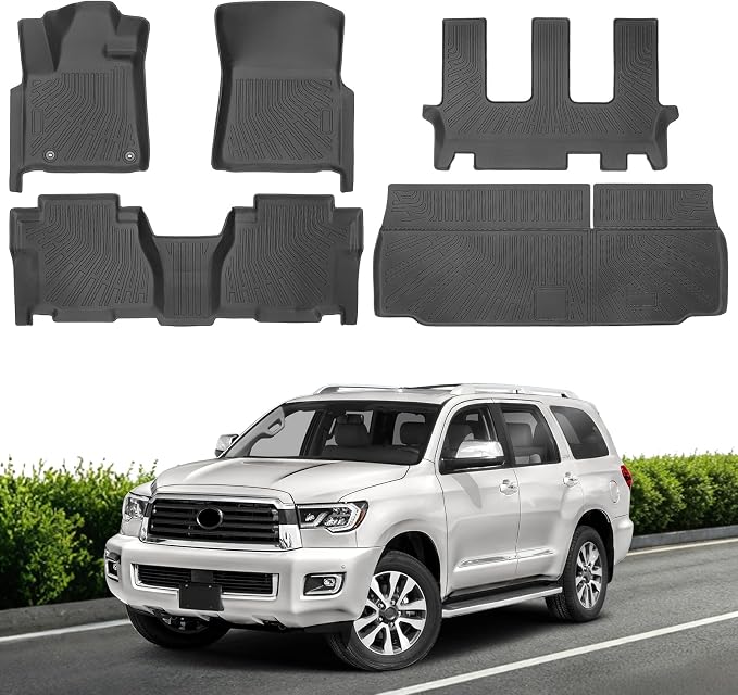Floor Mats & Cargo Liner for Toyota Sequoia 2012-2022, All Weather TPE Floor Liners Custom Fit Sequoia Heavy Duty Car Mats 1st & 2nd & 3rd Row & Trunk Mat Accessories Odorless Anti Slip Black