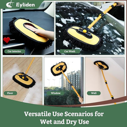 Eyliden Car Wash Brush Mop with Long Handle, Yellow & Black | 90° Swivel Head with 45° Angle Lock, 2 Scratch-Free Microfiber Heads, Car Detailing Kit, for Car Truck RV