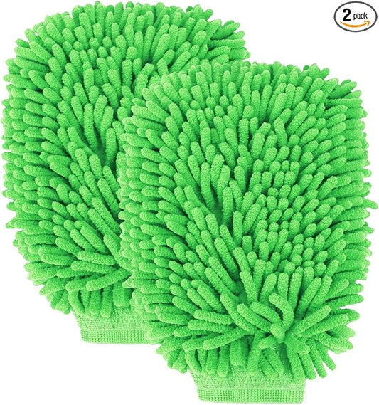 wuyaoyao 2PCS Car Wash Mitt, 10.14"×7.12" Chenille Microfiber Car Wash Mitts, Scratch-Free & Lint-Free, Absorbent Double Sided Clean Glove for Cars Cleaning, Auto Cleaning Supplies (Green)