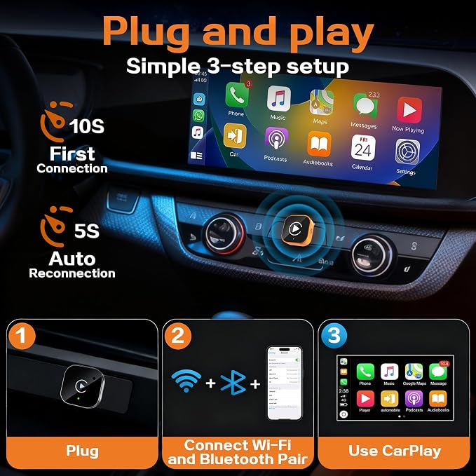 2026 Wireless CarPlay Adapter for iPhone,2 in 1 for Apple Carplay and Android Auto Adapter,Mini carplay Wireless Adapter Convert Wired to Wireless, Plug & Play, USB to USB-C/Type-C (Orange)