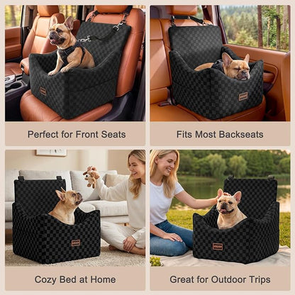 JOEJOY Elevated Dog Car Seat for Small/Medium Dogs up to 35 lbs, Memory Foam Booster Seat with Detachable Washable Cover, Travel-Safe Car Bed with Safety Belts & Storage Pockets, Black