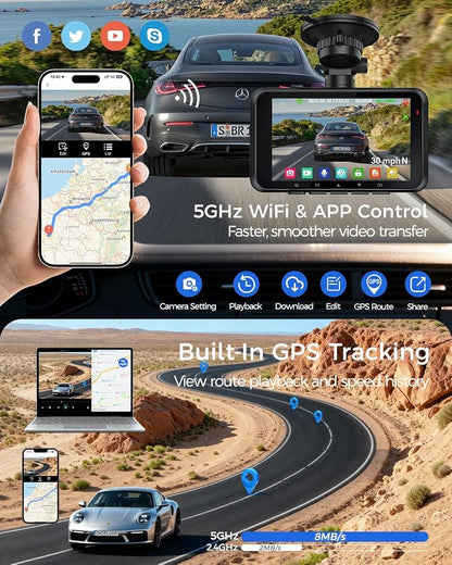 HUPEJOS 4K Dual Dash Cam Front and Rear, Camera for Cars with STARVIS 2 Sensor, 4” Touch Screen Dashboard Camera Built-in 5G WiFi GPS, Free 64GB Card, Voice Control, Night Vision, 24H Parking Mode