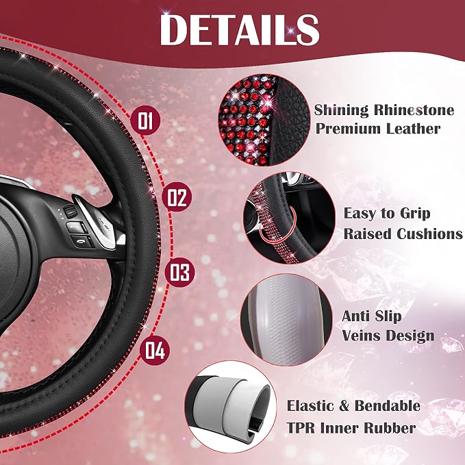 CAR PASS Red Diamond Black Leather Steering Wheel Cover, with Bling Crystal Rhinestones Universal Fit 14" 1/2-15" Crystal Glitter for Women Sparkle Girl Fit Suvs,Vans,Sedans,Cars,Trucks, Red Diamond