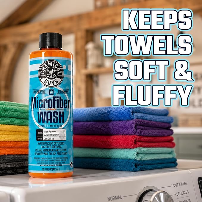 Chemical Guys Microfiber Wash Detergent, Concentrated, Fresh Citrus, 32 oz | Microfiber-safe concentrate for towels, mitts, and pads; lifts dirt, grease, and wax, restores softness, no softener needed