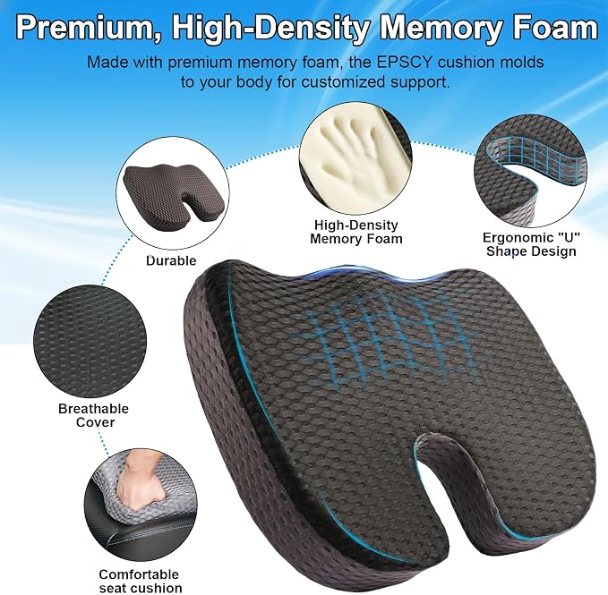 Car Seat Cushion for Driving Comfort & Support - Premium Memory Foam Seat Pad with Breathable Washable Cover, Non-Slip Bottom, Road Trip Essentials for Car Seats