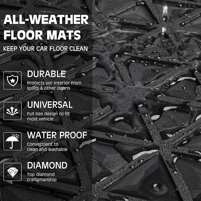 CAR PASS Bling Diamond Car Mats Rubber Floor Mats Full Set Anti-Slip 3D Rhombus Waterproof Trim to Fit Liner Universal Glitter Crystal Sparkly Shining Rhinestone Girl Women SUV Sedan Van, Black Silver