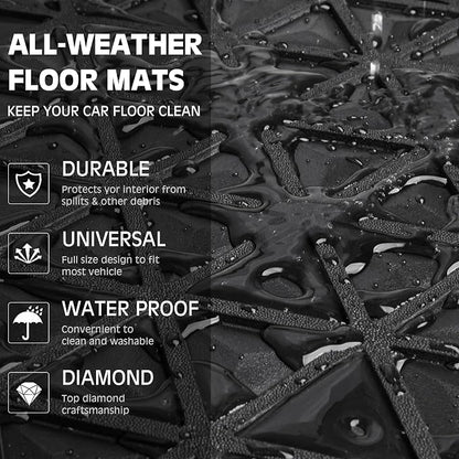 CAR PASS Bling Diamond Car Mats Rubber Floor Mats Full Set Anti-Slip 3D Rhombus Waterproof Trim to Fit Liner Universal Glitter Crystal Sparkly Shining Rhinestone Girl Women SUV Sedan Van, Black Silver