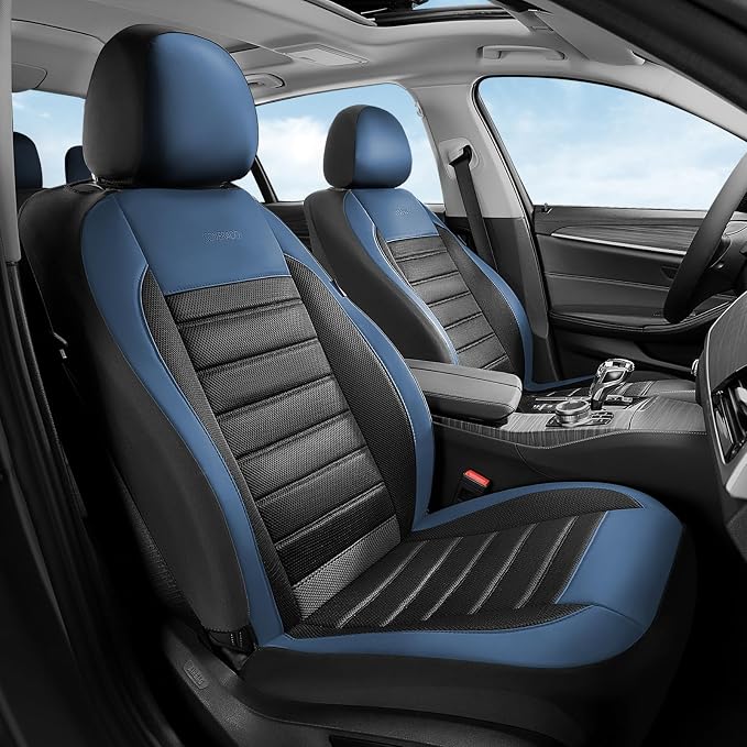 Coverado Car Seat Covers Full Set, Luxury Leather Car Seat Covers, Automotive Front and Rear Mesh Seat Covers, Full Set 5 Seats, Blue Black Seat Covers for SUV Sedan Truck
