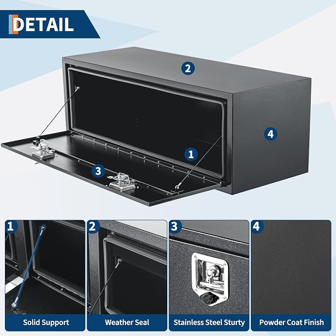 Black Steel Underbody Truck Box, Pickup Storage Box, Heavy Duty Diamond Plate Tool Box with Lock and Keys, Waterproof Trailer Storage Box (48" x 16" x 13"-Grey)