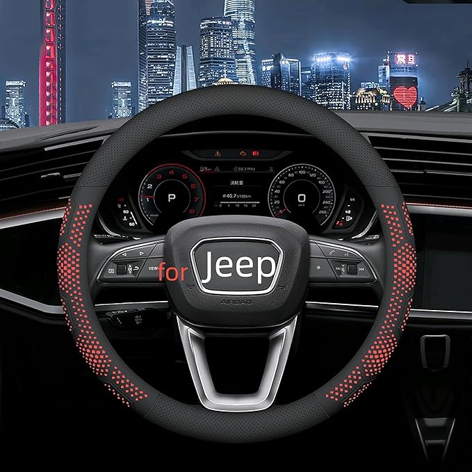 Yangday Leather Steering Wheel Cover for Jeep Wrangler Grand Cherokee Compass, 14.5-15 inches Car Steering Wheel Cover with Non-Slip Breathable (Red)
