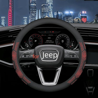 Yangday Leather Steering Wheel Cover for Jeep Wrangler Grand Cherokee Compass, 14.5-15 inches Car Steering Wheel Cover with Non-Slip Breathable (Red)