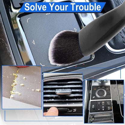 Double Head Brush for Car Clean, 2 in 1 Car Detailing Brush, Car Accessories Double Ended Portable Dust Brush with 2 Cleaning Cloth, Universal Dust Removal Brush for Air Conditioner Outlets