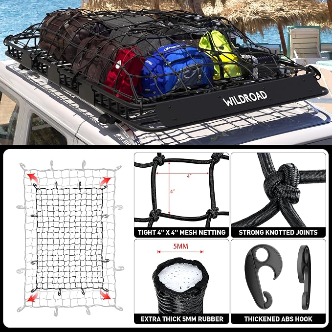 Wildroad Roof Rack Cargo Basket, Upgraded 4” Fence Wide Car Roof Basket, 84"x 50"x 4" Universal Car Top Carrier Basket with Super Duty Bungee Cargo Net and Ratchet Straps Fits for SUV Truck Cars