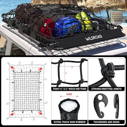 Wildroad Roof Rack Cargo Basket, Upgraded 4” Fence Wide Car Roof Basket, 84"x 50"x 4" Universal Car Top Carrier Basket with Super Duty Bungee Cargo Net and Ratchet Straps Fits for SUV Truck Cars