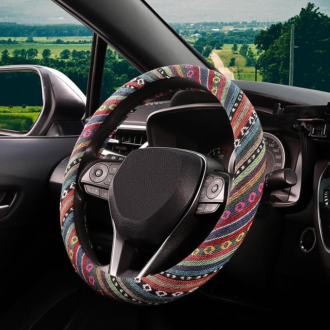 SEG Direct Boho Steering Wheel Cover with Baja Blanket Cloth, Ethnic Style Auto Wheel Cover Made of Coarse Flax, Fits 14 1/2-15 1/4 inches Car Wheel