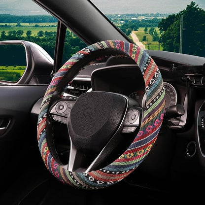 SEG Direct Boho Steering Wheel Cover with Baja Blanket Cloth, Ethnic Style Auto Wheel Cover Made of Coarse Flax, Fits 14 1/2-15 1/4 inches Car Wheel