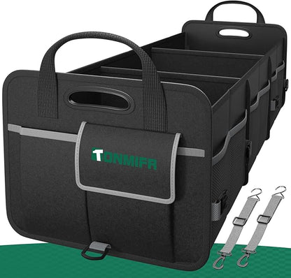 Heavy-Duty Trunk Organizer & Multi-Compartment Storage Box for SUV/Sedan/Minivan,600D Waterproof Oxford,2 Securing Hooks & Reflective Strips-Large Capacity Organiser(92L)