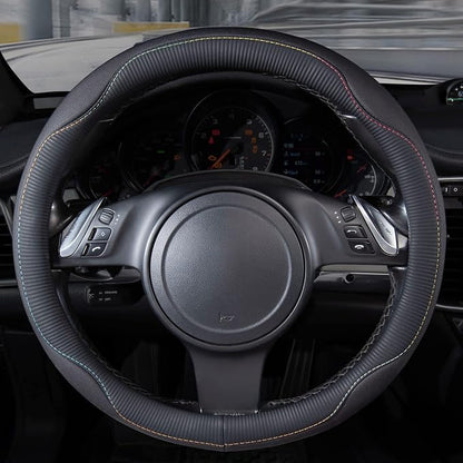 CAR PASS Colour Piping Leather Universal Fit Steering Wheel Cover,Perfectly fit for 14.5-15 inches for Various Vehicles Suvs,Vans,Trucks,Sedans,Cars(Black Multicolor)