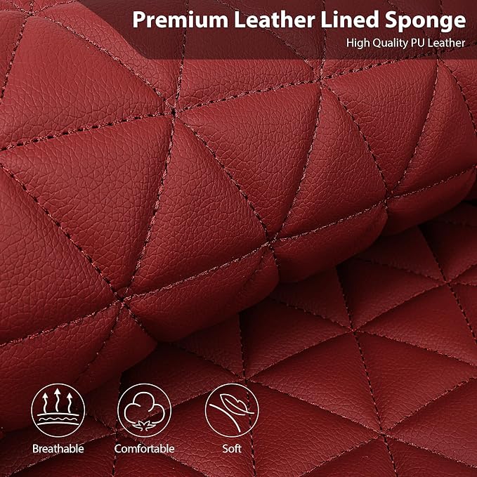CAR PASS Bling Diamond Burgundy Leather Car Seat Covers Full Sets Interior Sets, Waterproof Shining Glitter Sparkly Crystal Universal Armrest Fit Automotive Truck SUV Cute Women Girl, Red Rhinestone