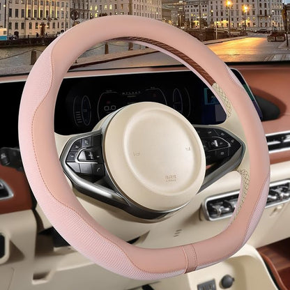 14 inch D Shaped Steering Wheel Cover for Prius Civic, Nappa Microfiber Leather Non-Slip Breathable Fabric, Warm in Winter and Cool in Summer, Pink Small 13.5 inch to 14 inch