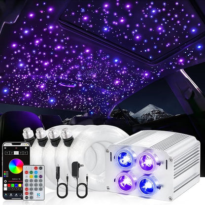 4 Colors 32W Twinkle Car Starlight Headliner Kit 600pcs*0.03in*13.1ft with APP&RF Remote, RGBW Fiber Optic Strands Star Roof Lights,4 Port Engine Sound Activated Ceiling Star Lights for Home/Car Decor