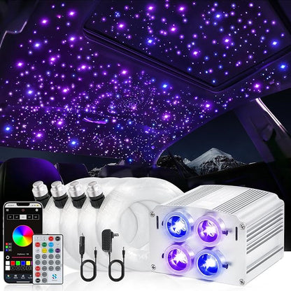 4 Colors 32W Twinkle Car Starlight Headliner Kit 860pcs*0.03in*13.1ft with APP&RF Remote, RGBW Fiber Optic Strands Star Roof Lights,4 Port Engine Sound Activated Ceiling Star Lights for Home/Car Decor