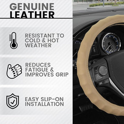 BDK Genuine Beige Leather Steering Wheel Cover for Car, Small 13.5-14 inch – Ergonomic Comfort Grip for Men & Women, Car Steering Wheel Cover for Vehicles with Small Steering Wheel