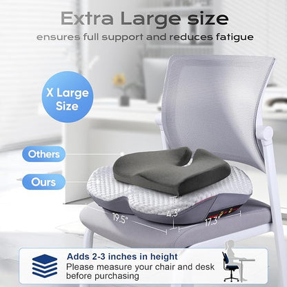 Seat Cushion for Tailbone Pain Relief, Firm Support Won't Flatten, Adds 2–3" Height, X-Large Cushion for Long Sitting, Office Chair, Car Seat & Work from Home（Grey