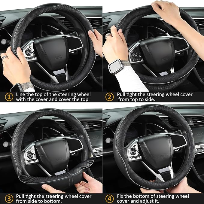 West Llama Microfiber Leather Car Steering Wheel Cover for Honda Accord Civic CR-V HR-V Pilot Fit Passport Odyssey,Sport Style,14.5-15 inch (Black+Gray Line-Standrad Size)