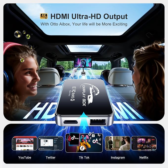 AI Box CarPlay, 3-in-1 Wireless CarPlay Adapter & Android Auto for OEM Wired Cars, Built-in Netflix/YouTube for Streaming, 5.8GHz WiFi, Convert Wired to Wireless, Plug & Play （4GB RAM+32GB ROM）