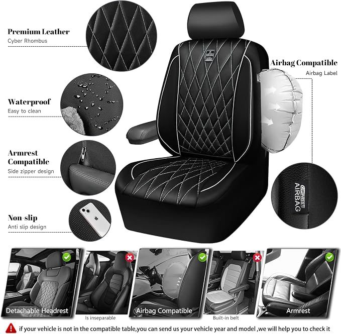 CAR PASS Piping Luxury Leather Two Front Car Seat Covers,Silver Glitter Waterproof Seat Cover Compatible with Front Seat Armrests,Universal Fit for Suvs,Vans,Trucks,Airbag Compatible(Black and Silver)
