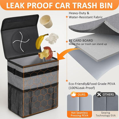 Vankor 3 Gallons Car Trash Can with Lid, Car Trash Bag Bin Hanging Waterproof Automotive Garbage Cans Leak Proof Vehicle Can Grey