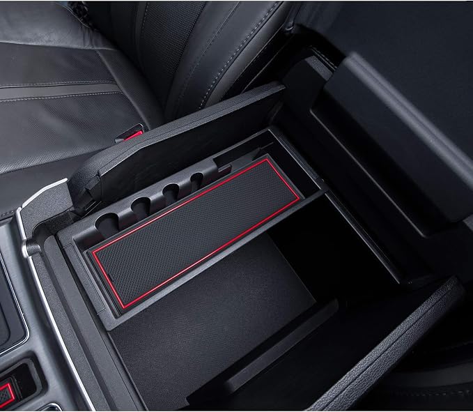 JDMCAR Liner Accessories Compatible with Ford F150 2015 2016 2017 2018 2019 2020 Premium Cup Holder, Center Console, and Door Pockets Rubber Inserts Kit (Bucket Super Crew) (Red Trim)