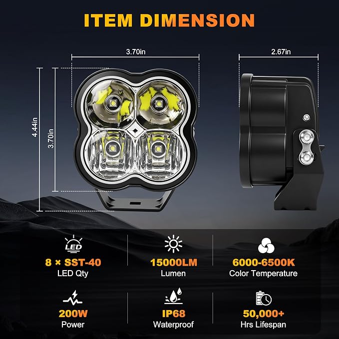 3.7 Inch LED Driving Pod Light with Remote, 200W Spot Beam Offroad Pod with DRL, Spotlights Cube Ditch Lights with 2 Amber Covers & DT Plug, White & RGB Mode, for Jeep Offroad ATV UTV, 1 Pair