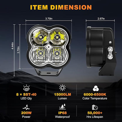3.7 Inch LED Driving Pod Light with Remote, 200W Spot Beam Offroad Pod with DRL, Spotlights Cube Ditch Lights with 2 Amber Covers & DT Plug, White & RGB Mode, for Jeep Offroad ATV UTV, 1 Pair