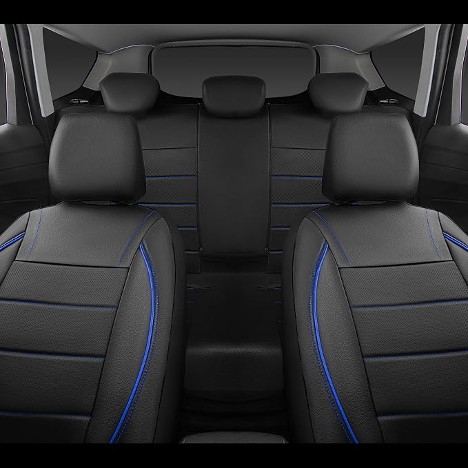 CAR PASS Universal FIT Piping Leather Car Seat Cover, for suvs,Van,Trucks,Airbag Compatible,Inside Zipper Design and Reserved Opening Holes (Full Set, Black and Blue)