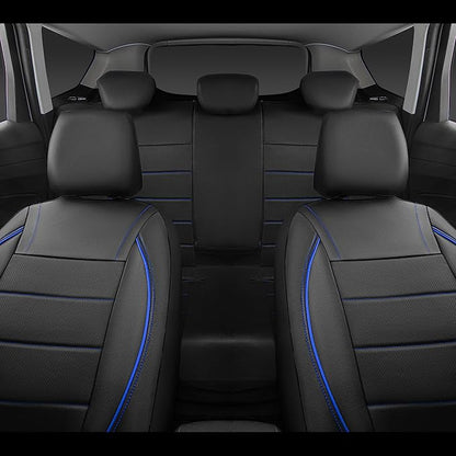 CAR PASS Universal FIT Piping Leather Two Front Seat Covers, Waterproof Faux Leather for SUV Sedan Van Truck, Airbag Compatible,Reserved Opening Holes for Headrest Covers. (Black and Blue)