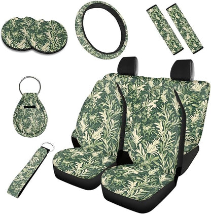 Forest Plant Full Set 10 Pcs Car Seat Covers, Green Plants Automotive Rear Front Seat Protector, Natural Botanical Steering Wheel Cover Universal Fit for SUV