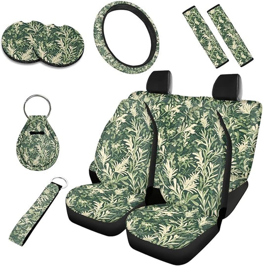 Forest Plant Full Set 10 Pcs Car Seat Covers, Green Plants Automotive Rear Front Seat Protector, Natural Botanical Steering Wheel Cover Universal Fit for SUV