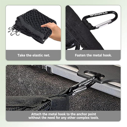 Stretchable Cargo Net(4'x4' Stretches to 8'x8') - Adjustable Elastic Trunk & Truck Bed Storage Organizer with Hook, Ideal for Securing Daily Light Loads