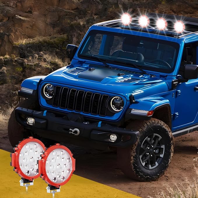 2 Pack 7'' 51W 5100LM LED Work Light Bar Round Off Road Light Driving Fog Light fit for Jeep Trucks SUV ATV Boat Tractor (Red)