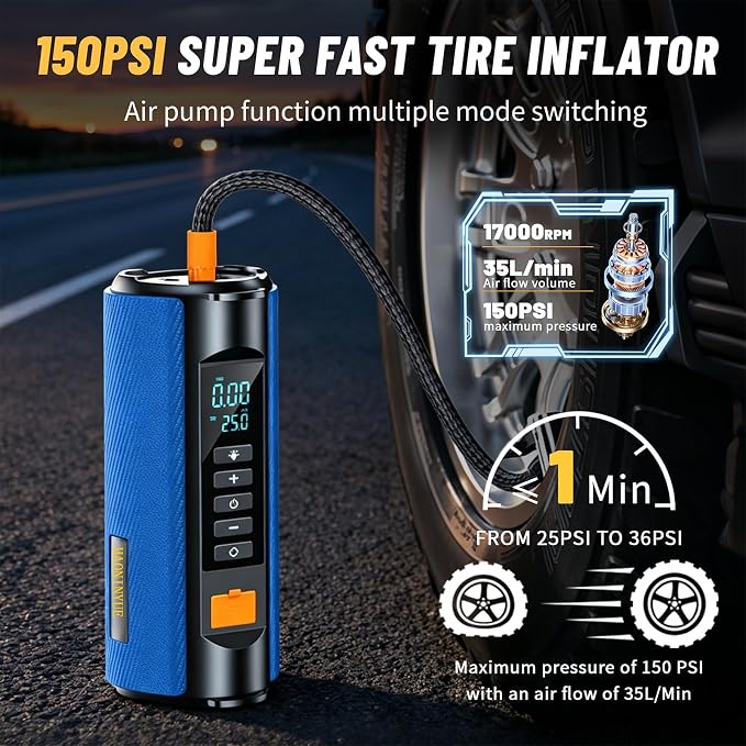 Car Battery Jump Starter with Air Compressor, 2500A Car Jumper Starter Portable150PSI, Battery Jumper Starter Portable Jump Box for Car Battery with 600LM,Jumper Cables, LCD Display