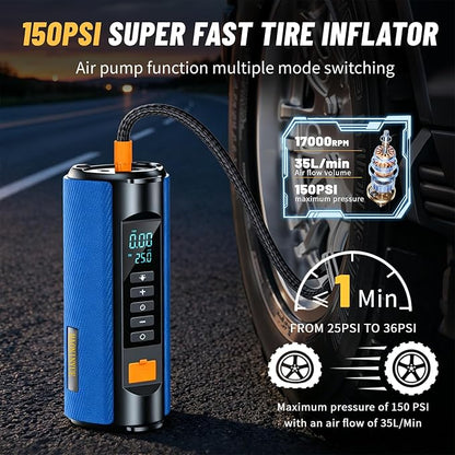 Car Battery Jump Starter with Air Compressor, 2500A Car Jumper Starter Portable150PSI, Battery Jumper Starter Portable Jump Box for Car Battery with 600LM,Jumper Cables, LCD Display