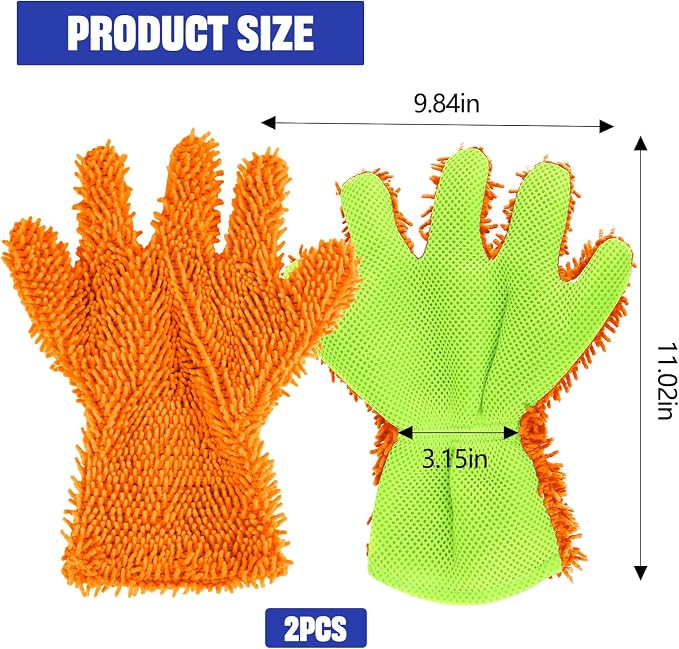 2PCS Car Wash Mitt, 5 Finger Chenille Microfiber Cleaning Mitt for Cars, Scratch-Free Auto Washing Gloves, Car Interior Exterior Cleaning Gloves, Great for Hard-to-Reach Areas (Orange)