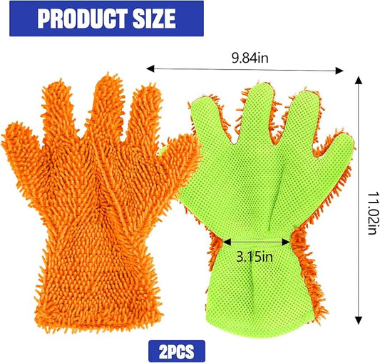 2PCS Car Wash Mitt, 5 Finger Chenille Microfiber Cleaning Mitt for Cars, Scratch-Free Auto Washing Gloves, Car Interior Exterior Cleaning Gloves, Great for Hard-to-Reach Areas (Orange)