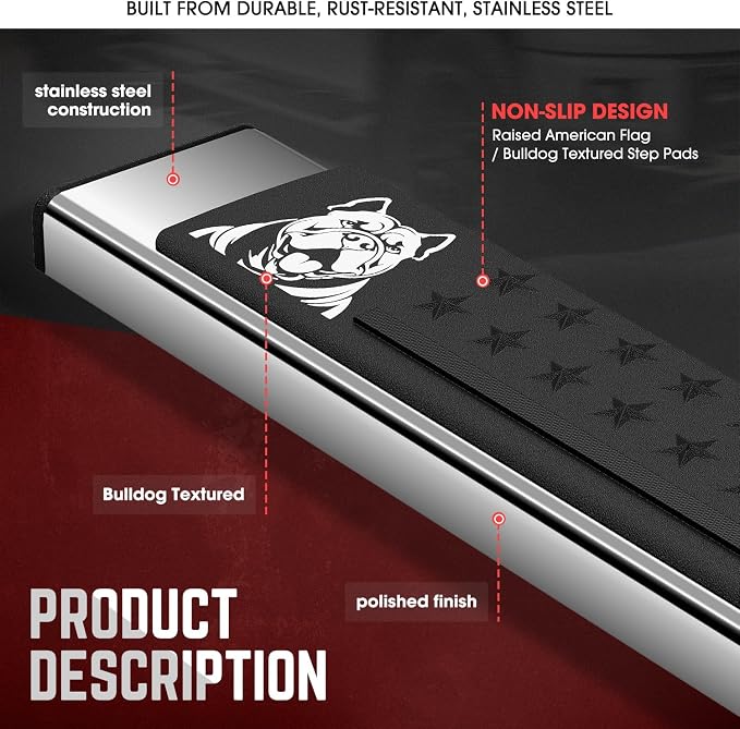 DNA Motoring 6 Inch Running Boards Compatible with 07-18 Chevy Silverado/GMC Sierra 1500 07-19 2500HD 3500HD Extended Cab, Stainless Steel Side Steps Nerf Rails Bars, Bulldog Textured, STEPB-DS-0005
