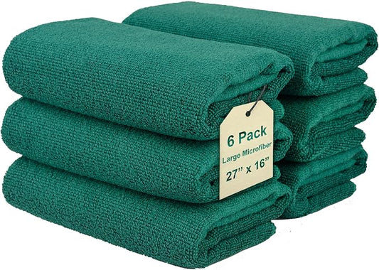 Cleaning Washcloth Towels - Large 27" x 16" Microfiber Rags - Highly Absorbent, Lint Free Streak Free for House, Kitchen, Car, Window Detailing Reusable Shop Towels (6-Pack, Forest Green)