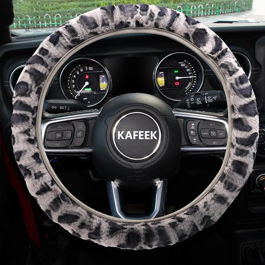 KAFEEK Elastic Long Microfiber Plush Steering Wheel Cover for Winter Warm, Universal 15 inch, Anti-Slip, Odorless, Leopard Gray